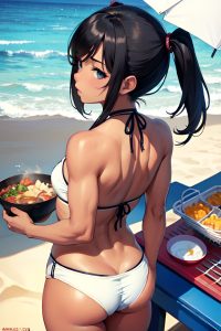 anime,muscular,small tits,70s age,sad face,black hair,pigtails hair style,dark skin,watercolor,beach,back view,cooking,bikini