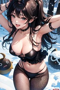 anime,busty,small tits,70s age,laughing face,black hair,messy hair style,light skin,dark fantasy,snow,close-up view,jumping,fishnet