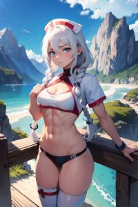 anime,muscular,small tits,18 age,sad face,white hair,braided hair style,light skin,illustration,mountains,front view,plank,nurse