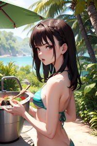 anime,busty,small tits,20s age,angry face,brunette,bangs hair style,light skin,comic,jungle,back view,cooking,bikini