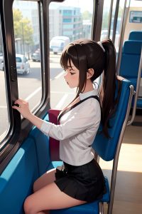 anime,busty,small tits,40s age,angry face,brunette,ponytail hair style,light skin,black and white,bus,side view,sleeping,mini skirt