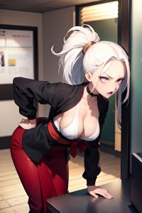 anime,busty,small tits,18 age,angry face,white hair,slicked hair style,dark skin,charcoal,office,side view,bending over,kimono
