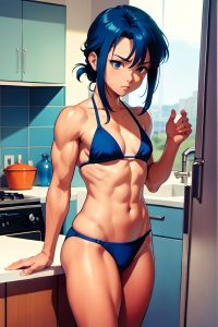 anime,muscular,small tits,70s age,sad face,blue hair,slicked hair style,light skin,film photo,kitchen,side view,jumping,bikini