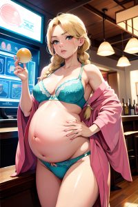 anime,pregnant,small tits,70s age,pouting lips face,blonde,braided hair style,light skin,vintage,bar,front view,gaming,bra