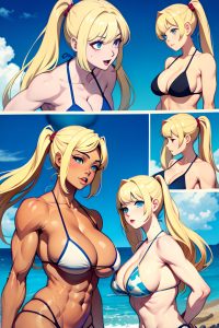 anime,muscular,huge boobs,70s age,ahegao face,blonde,pigtails hair style,light skin,soft anime,cave,back view,massage,bikini
