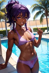 anime,muscular,small tits,18 age,laughing face,purple hair,messy hair style,dark skin,skin detail (beta),pool,front view,bathing,pajamas