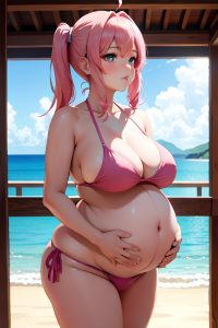 anime,pregnant,huge boobs,18 age,pouting lips face,pink hair,pigtails hair style,light skin,crisp anime,yacht,back view,jumping,bikini