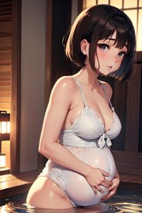 anime,pregnant,small tits,50s age,pouting lips face,brunette,bobcut hair style,light skin,soft + warm,onsen,back view,cooking,teacher