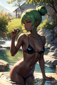 anime,skinny,small tits,50s age,seductive face,green hair,hair bun hair style,dark skin,painting,onsen,side view,eating,goth
