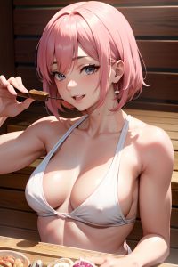 anime,muscular,small tits,30s age,happy face,pink hair,bangs hair style,dark skin,soft anime,sauna,close-up view,eating,kimono