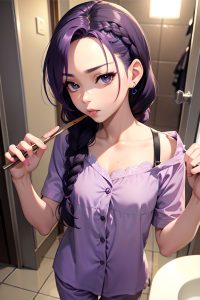 anime,skinny,small tits,40s age,pouting lips face,purple hair,braided hair style,light skin,black and white,bathroom,close-up view,eating,pajamas
