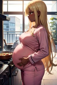 anime,pregnant,small tits,20s age,angry face,blonde,straight hair style,dark skin,vintage,strip club,side view,cooking,pajamas