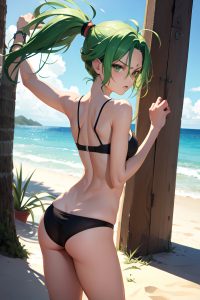 anime,skinny,small tits,20s age,angry face,green hair,messy hair style,light skin,painting,beach,back view,t-pose,bra