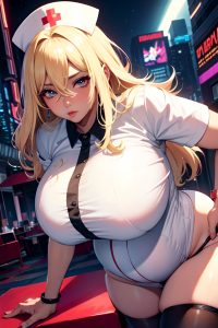 anime,pregnant,huge boobs,40s age,pouting lips face,blonde,messy hair style,dark skin,cyberpunk,moon,front view,working out,nurse