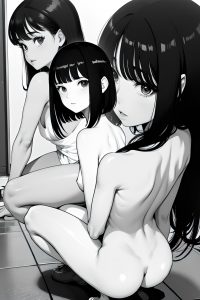 anime,skinny,small tits,60s age,orgasm face,black hair,bangs hair style,light skin,black and white,yacht,back view,squatting,teacher