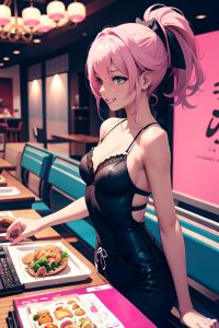 anime,skinny,small tits,60s age,happy face,pink hair,ponytail hair style,dark skin,black and white,restaurant,side view,gaming,lingerie