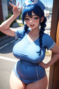 anime,chubby,huge boobs,20s age,laughing face,blue hair,braided hair style,dark skin,3d,snow,front view,working out,nurse