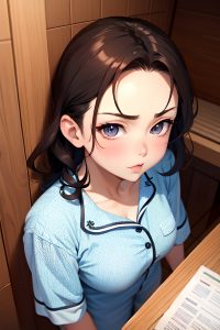 anime,busty,small tits,30s age,pouting lips face,ginger,slicked hair style,dark skin,crisp anime,sauna,close-up view,on back,pajamas