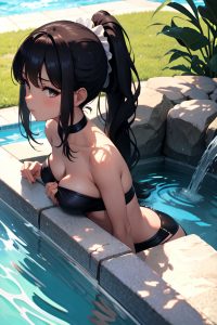 anime,busty,small tits,60s age,sad face,ginger,ponytail hair style,dark skin,charcoal,pool,side view,bathing,maid