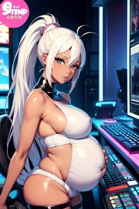 anime,pregnant,huge boobs,60s age,pouting lips face,white hair,ponytail hair style,dark skin,comic,strip club,front view,gaming,latex