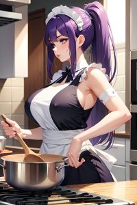 anime,skinny,huge boobs,20s age,pouting lips face,purple hair,straight hair style,light skin,crisp anime,kitchen,side view,cooking,maid