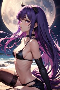 anime,skinny,small tits,20s age,seductive face,purple hair,bangs hair style,dark skin,skin detail (beta),moon,side view,straddling,stockings