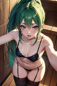 anime,skinny,small tits,20s age,ahegao face,green hair,ponytail hair style,dark skin,film photo,sauna,close-up view,t-pose,stockings