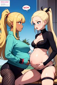 anime,pregnant,small tits,70s age,shocked face,blonde,ponytail hair style,light skin,comic,party,front view,straddling,fishnet