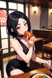 anime,skinny,small tits,60s age,ahegao face,black hair,slicked hair style,dark skin,soft + warm,restaurant,front view,eating,mini skirt