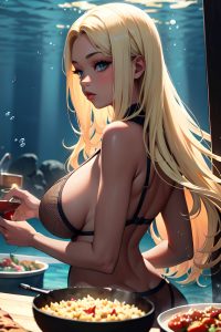 anime,skinny,huge boobs,20s age,pouting lips face,blonde,straight hair style,dark skin,charcoal,underwater,back view,cooking,fishnet