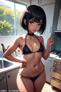 anime,busty,small tits,20s age,shocked face,black hair,bobcut hair style,dark skin,illustration,kitchen,close-up view,eating,bikini