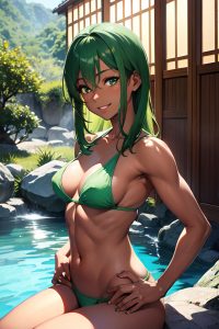 anime,muscular,small tits,60s age,happy face,green hair,messy hair style,dark skin,film photo,onsen,front view,massage,nurse