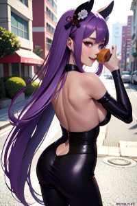 anime,skinny,small tits,20s age,laughing face,purple hair,straight hair style,dark skin,3d,street,back view,eating,geisha