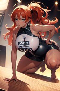 anime,pregnant,huge boobs,40s age,serious face,ginger,messy hair style,dark skin,watercolor,stage,front view,bending over,latex