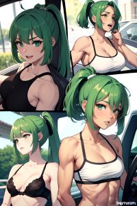anime,muscular,small tits,70s age,orgasm face,green hair,ponytail hair style,light skin,black and white,car,front view,eating,bra
