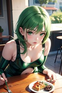 anime,pregnant,small tits,60s age,pouting lips face,green hair,pixie hair style,light skin,painting,cafe,close-up view,bending over,latex