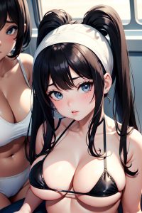 anime,chubby,small tits,70s age,pouting lips face,black hair,pigtails hair style,light skin,black and white,train,close-up view,massage,bikini