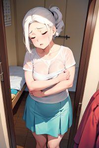 anime,chubby,small tits,50s age,sad face,white hair,slicked hair style,light skin,soft anime,changing room,close-up view,sleeping,mini skirt