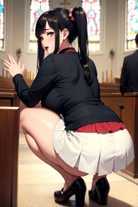 anime,chubby,huge boobs,80s age,orgasm face,black hair,pigtails hair style,light skin,soft + warm,church,back view,squatting,mini skirt
