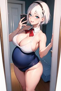 anime,pregnant,small tits,30s age,happy face,white hair,pixie hair style,light skin,mirror selfie,club,close-up view,straddling,schoolgirl