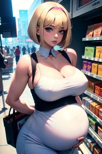 anime,pregnant,huge boobs,80s age,pouting lips face,blonde,bobcut hair style,light skin,cyberpunk,grocery,close-up view,on back,maid