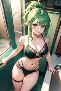 anime,busty,small tits,30s age,happy face,green hair,messy hair style,light skin,cyberpunk,bathroom,front view,sleeping,fishnet