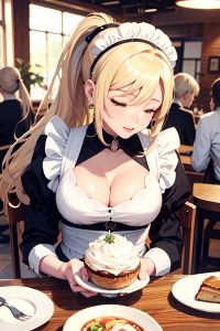 anime,busty,small tits,70s age,orgasm face,blonde,ponytail hair style,light skin,black and white,cafe,front view,sleeping,maid