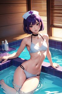 anime,skinny,small tits,40s age,seductive face,purple hair,bobcut hair style,light skin,watercolor,hot tub,side view,bathing,nurse