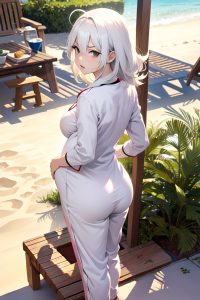 anime,pregnant,small tits,60s age,angry face,white hair,messy hair style,light skin,warm anime,beach,back view,plank,pajamas