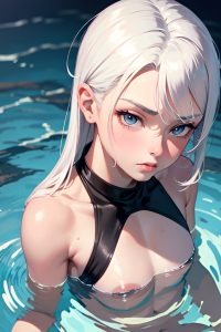 anime,muscular,small tits,18 age,pouting lips face,white hair,slicked hair style,dark skin,soft + warm,underwater,close-up view,massage,teacher
