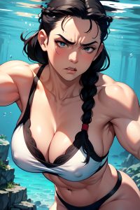 anime,muscular,huge boobs,70s age,angry face,black hair,braided hair style,light skin,comic,underwater,close-up view,straddling,teacher