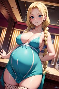 anime,pregnant,small tits,50s age,seductive face,blonde,braided hair style,light skin,painting,strip club,front view,t-pose,fishnet