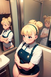 anime,chubby,small tits,60s age,sad face,blonde,hair bun hair style,light skin,mirror selfie,bathroom,front view,sleeping,latex