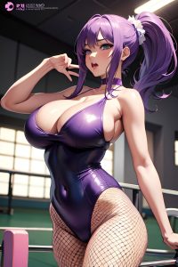 anime,skinny,huge boobs,80s age,ahegao face,purple hair,ponytail hair style,dark skin,soft anime,gym,front view,jumping,fishnet